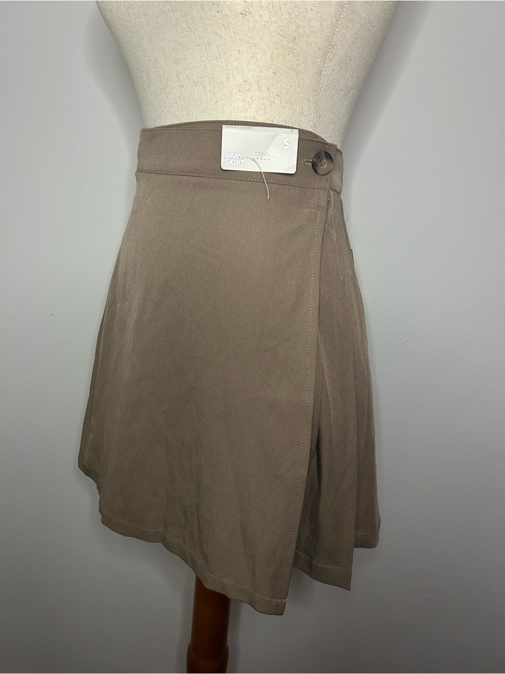 LOVE STREAK Women's Taupe Mini Wrap Skirt with Subtle Pleat in Back - Picture 2 of 6